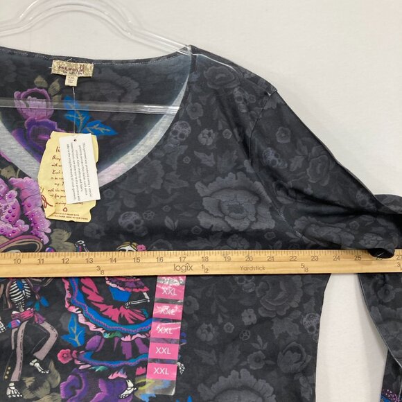 New One World size XXL Black Purple Floral V neck Novelty Skeleton Print Top - Picture 6 of 10